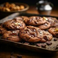 chocolate cookies on tray closed up and selective focus. generative AI photo