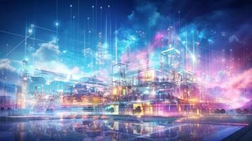 industrial revolution. futuristic factory with laser lighting. smart building for internet of things. photo