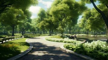 park landscape scene with green trees and walking paths for relaxation on sunny day. generative AI photo