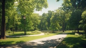 park landscape scene with green trees and walking paths for relaxation on sunny day. photo