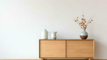 living room modern interior design. wood cabinet with vase and white wall background. generative AI photo