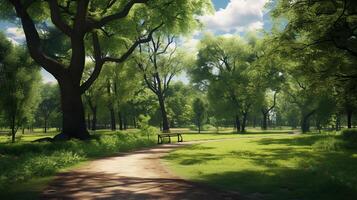 park landscape scene with green trees and walking paths for relaxation on sunny day. photo