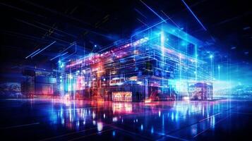 industrial revolution. futuristic factory with laser lighting. smart building for internet of things. photo