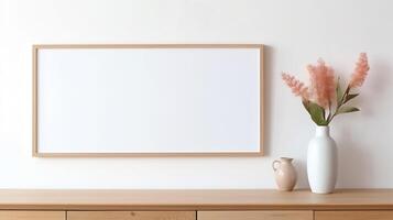 blank wooden canvas frame on white wall with wooden cabinet and ceramic vase decoration. generative AI photo