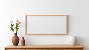 blank wooden canvas frame on white wall with wooden cabinet and ceramic vase decoration. generative AI photo