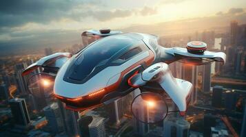 futuristic passenger drone flying above high building in city. modern  hi tech transportation. generative AI photo