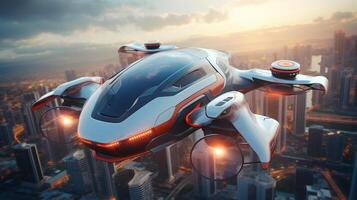 futuristic passenger drone flying above high building in city. modern hi tech transportation. photo