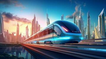 futuristic train with modern city background. generative AI photo