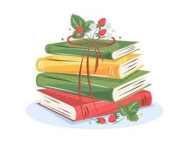 libros con flores y fresas en blanco antecedentes. diseño para verano saludo tarjeta para biblioteca o librería. vector ilustración