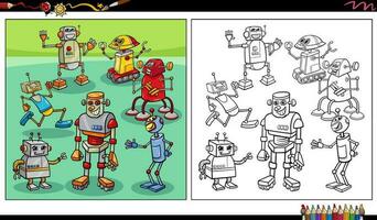 cartoon robots or droids characters group coloring page vector