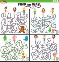 find the way maze games set with cartoon kids characters vector