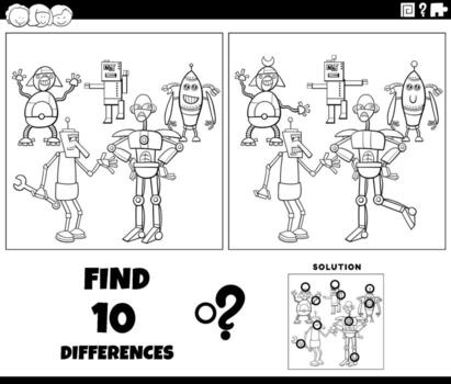 differences game with cartoon robots coloring page vector