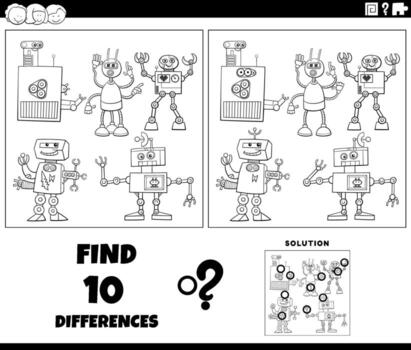 differences activity with cartoon robots coloring page vector