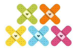 Flat cute set of band aids illustrations with hearts. vector