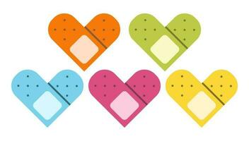 Flat cute set of band aids illustrations with hearts. vector