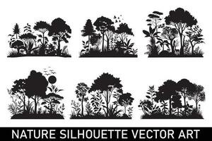 bosque silueta ilustración manojo, naturaleza silueta clipart manojo, naturaleza silueta diseño manojo, bosque silueta antecedentes manojo. vector