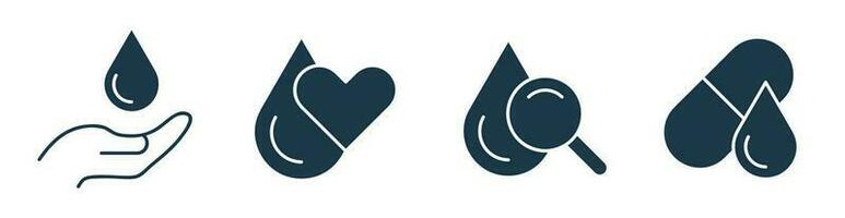 sangre donación icono colocar. caridad icono de lupa, medicamento, mano, corazón, y sangre soltar vector
