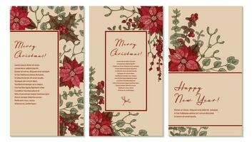 Set of Merry Christmas and Happy New Year vertical greeting cards with hand drawn poinsettia flowers and mistletoe brunch. Festive colorful background. Vector illustration in sketch style