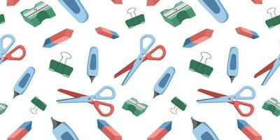 Seamless Pattern of office or school stationery isolated on white background. Scissors, eraser, sharpener, marker, clip. Perfect for office or school themes, wrapping paper, poster and banner, textile vector