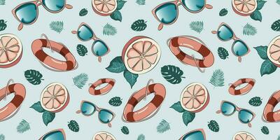 Tropical vector seamless pattern. Can be used for decoration of albums, blog, web sites, postcard, poster, wrapping paper. Elements of sun glasses and leaves on grapefruit, life belt.