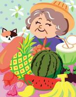 Thai fruits in the market and kindness auntie smiling with her cat. vector