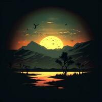 sunset landscape vintage realistic ,dark background photo