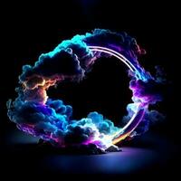 3d render, abstract cloud illuminated with neon light ring on dark night sky photo