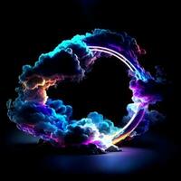 3d render, abstract cloud illuminated with neon light ring on dark night sky photo