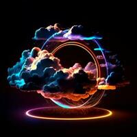 3d render, abstract cloud illuminated with neon light ring on dark night sky photo