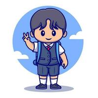 Cute boy with peace sign wearing school uniform cartoon vector icon illustration