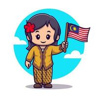 Cute girl wearing traditional clothes and holding malaysian flag cartoon vector icon illustration