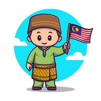 Cute boy wearing traditional clothes and holding malaysian flag cartoon vector icon illustration