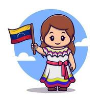 Cute girl wearing traditional clothes and holding columbia flag cartoon vector icon illustration