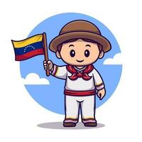 Cute boy wearing traditional clothes and holding columbia flag cartoon vector icon illustration