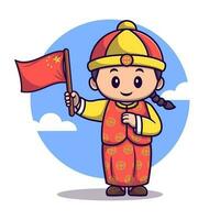 Cute boy wearing traditional clothes and holding chinese flag cartoon vector icon illustration