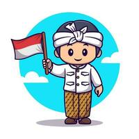 Cute boy wearing traditional clothes and holding indonesian flag cartoon vector icon illustration