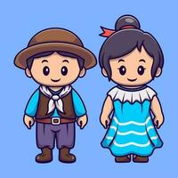 Cute boy and girl wearing traditional argentinian clothes cartoon vector icon illustration