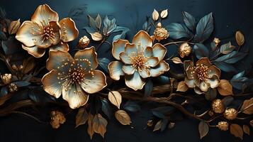 3D Gold Plated Flower in Cyan Blue Aesthetic Background photo