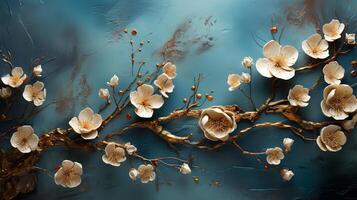 3D Gold Plated Flower in Cyan Blue Aesthetic Background photo