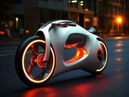 Futuristic motorcycle on the street, AI Generated photo