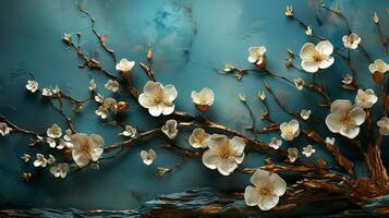 3d oro chapado flor en cian azul estético antecedentes ai generado foto