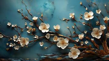 3D Gold Plated Flower in Cyan Blue Aesthetic Background photo