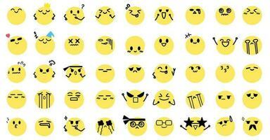 cara emoticones en un dibujos animados estilo, mano dibujado con plano diseño, emojis, y vector ilustración íconos conjunto