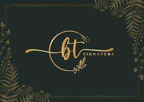 luxury signature initial BT logo design isolated leaf and flower vector