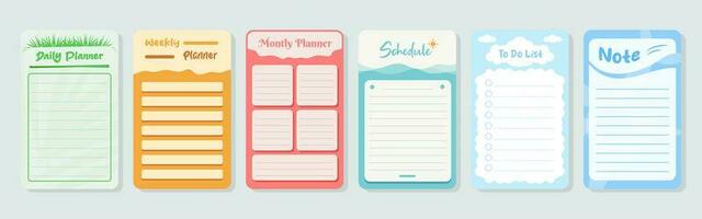 conjunto de planificadores y a hacer lista con hogar interior decoración ilustraciones. modelo para agenda, cronograma, planificadores, listas de control, cuadernos, tarjetas y otro papelería. foto