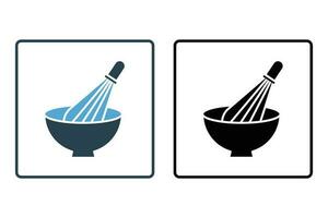 Mixing bowl icon with whisk. icon related to element of bakery, Cook, kitchen. Solid icon style design. Simple vector design editable