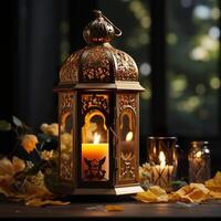3D Mosque Islamic pattern background with hanging lanterns photo