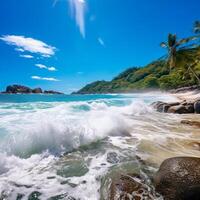 Beautiful beach with palms and turquoise sea in Jamaica island photo