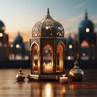 3D Mosque Islamic pattern background with hanging lanterns photo