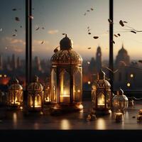 3D Mosque Islamic pattern background with hanging lanterns photo